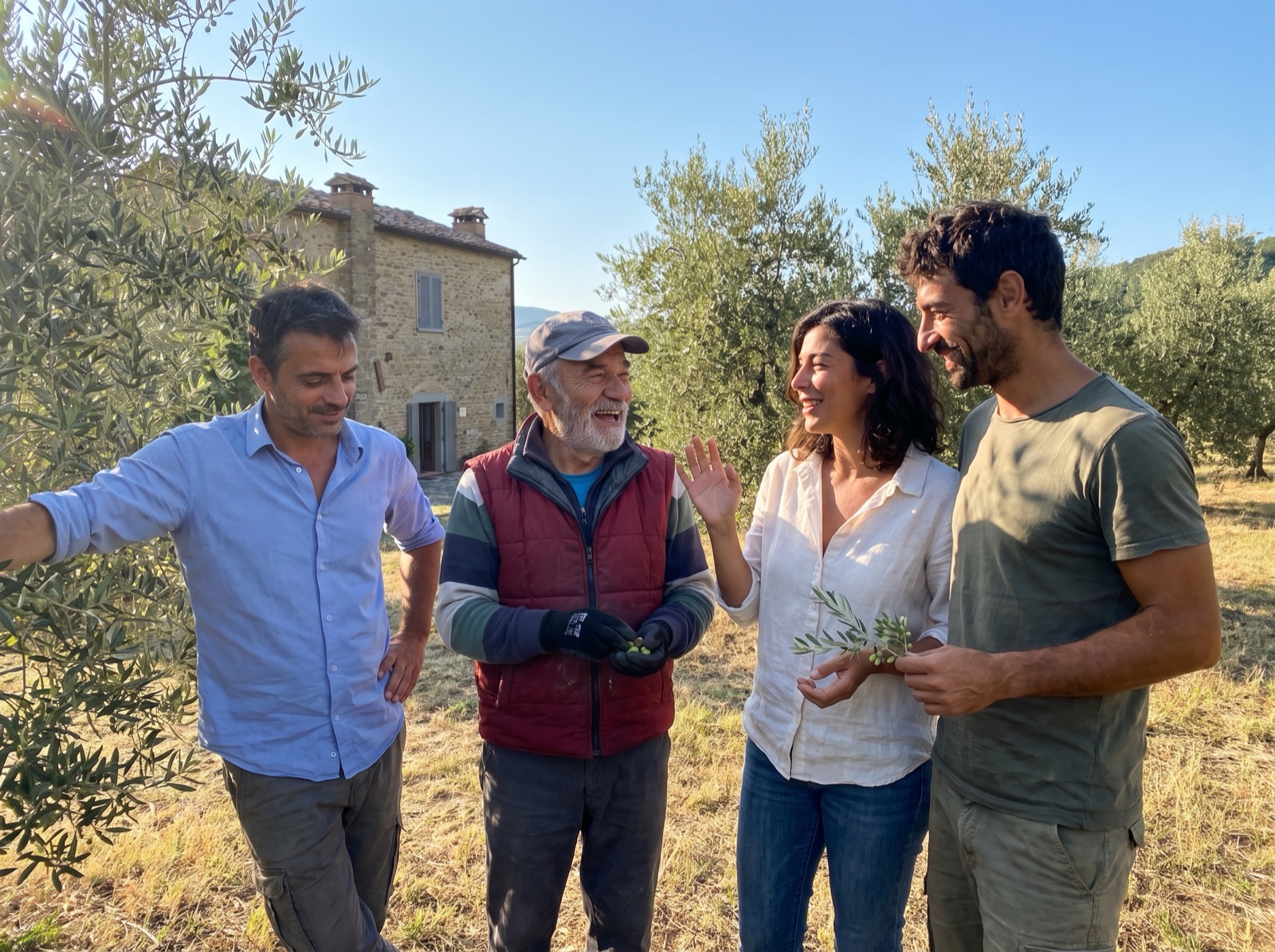 Tommaso Conti and his three children laughing together in the grove